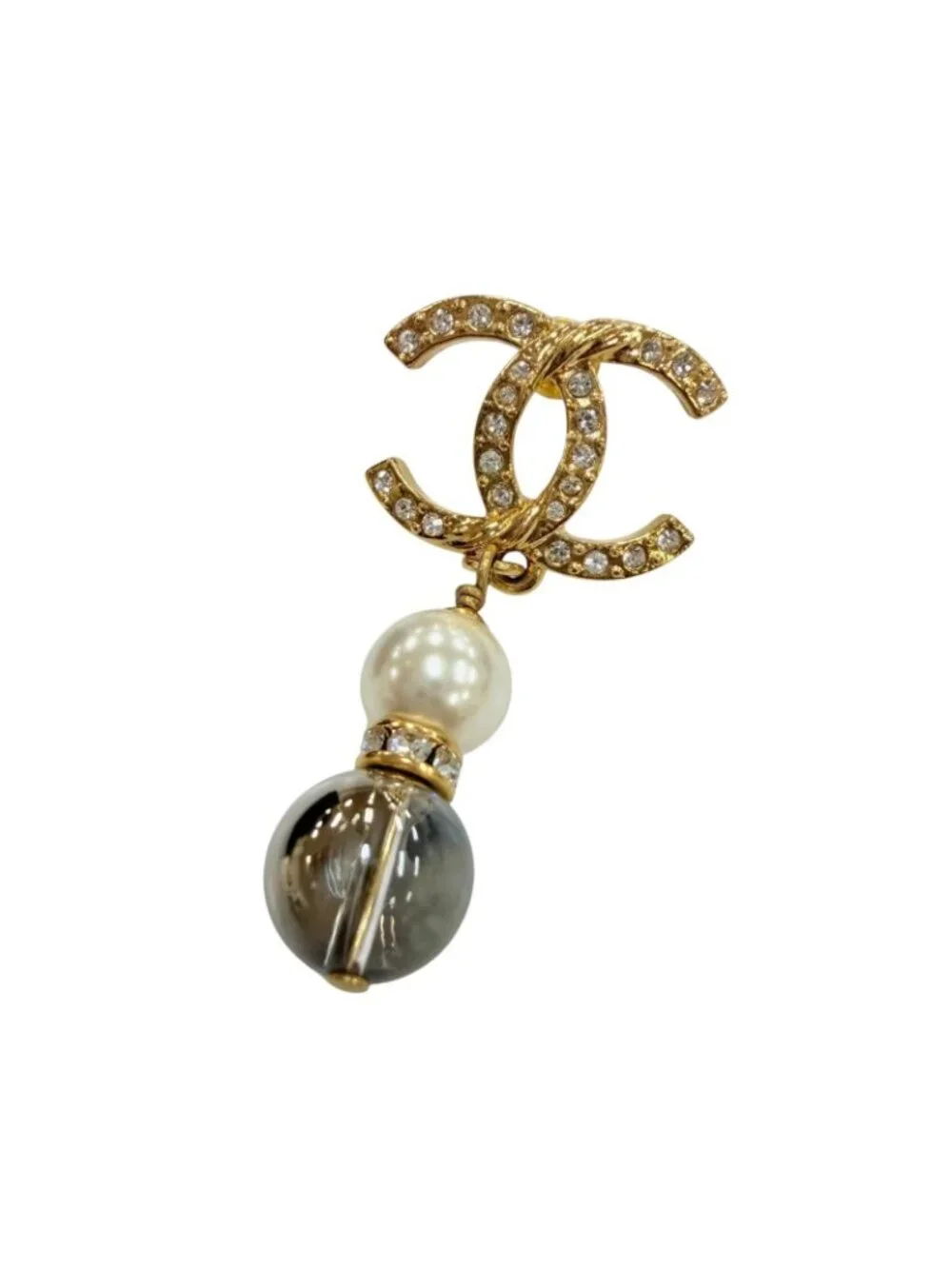 Chanel CC Logo Rhinestone Pearl Stone Swing Earrings Gold